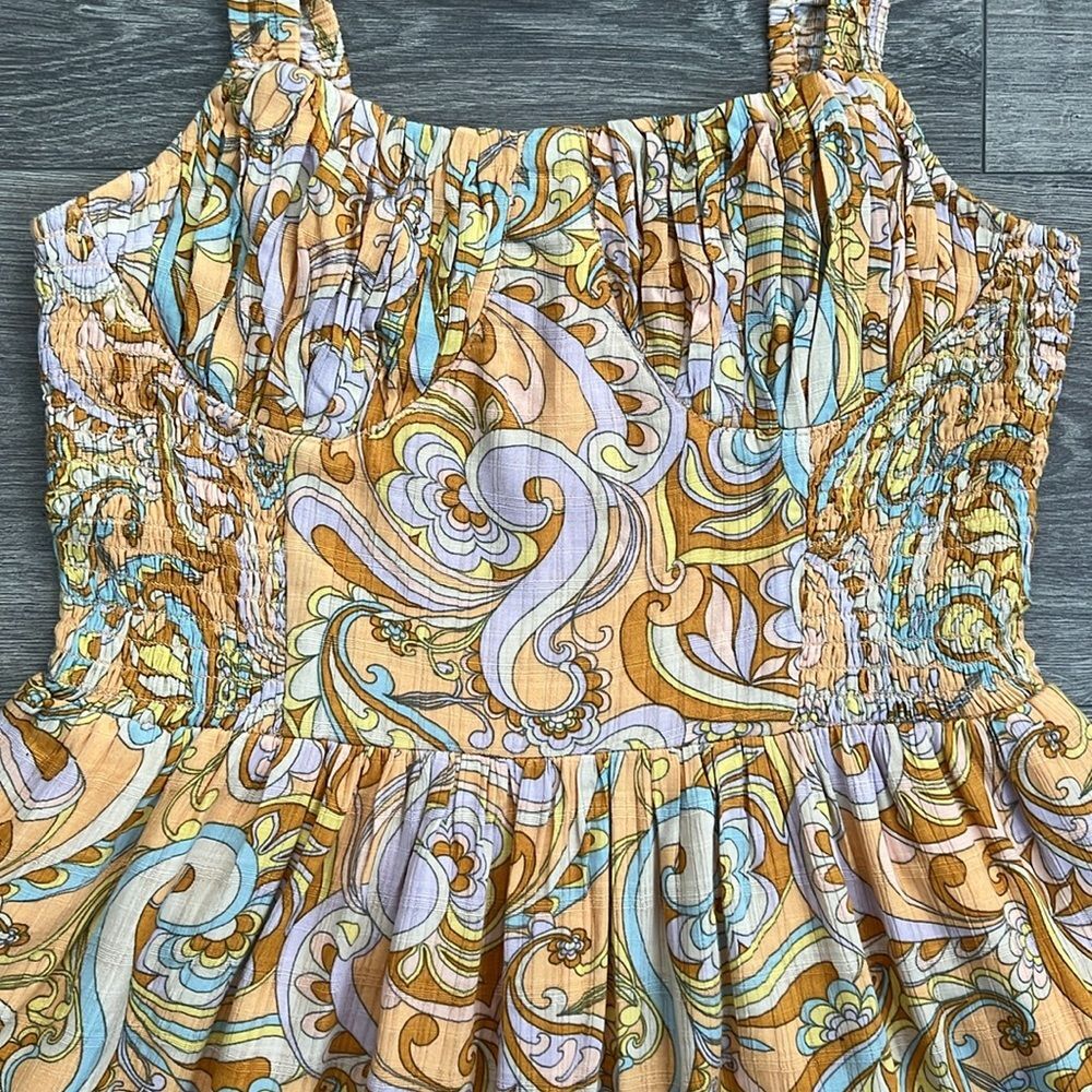 AMERICAN EAGLE Smocked Tiered Mini Dress Medium Orange Paisley 70s Retro Boho - Picture 4 of 10
